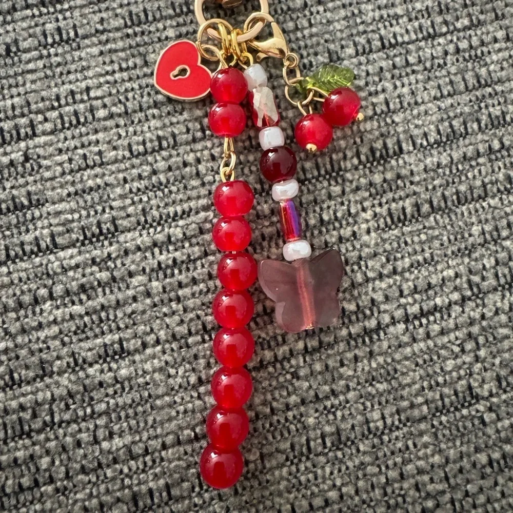Cherry Red Designer Inspired Beaded Bag Charm Keychain